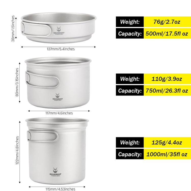 SilverAnt Ultralight Titanium 3-Piece Camping Cookware Set (dimensions and weight)