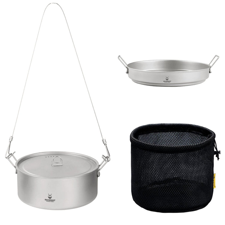 SilverAnt Ultralight Extra Large 2-Piece Titanium Camping Cookware Set With Hanger - Main Image (with drawstring mesh bag included with purchase)