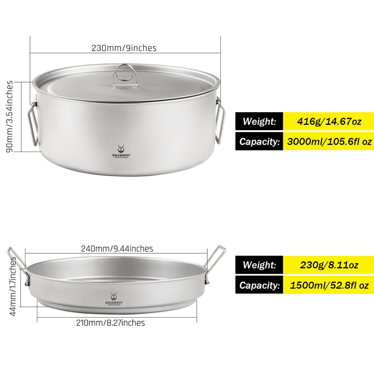 SilverAnt Ultralight Extra Large 2-Piece Titanium Camping Cookware Set With Hanger - with dimensions, weight, and capacity