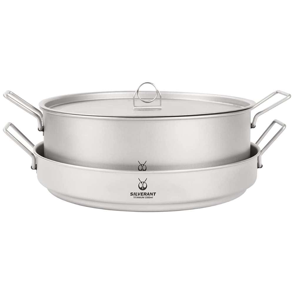 SilverAnt Ultralight Extra Large 2-Piece Titanium Camping Cookware Set With Hanger - front view, nesting position