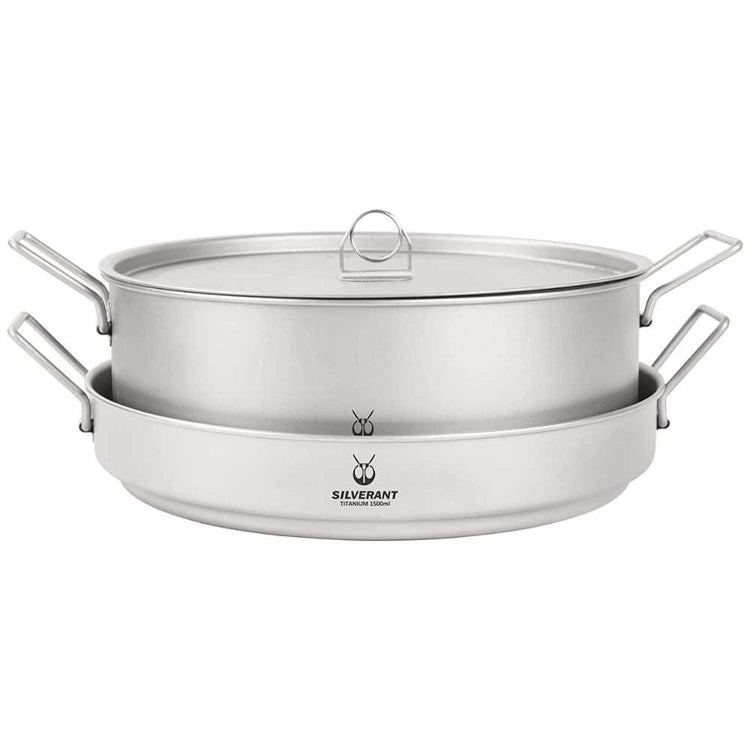 
                  
                    SilverAnt Ultralight Extra Large 2-Piece Titanium Camping Cookware Set With Hanger - front view, nesting position
                  
                