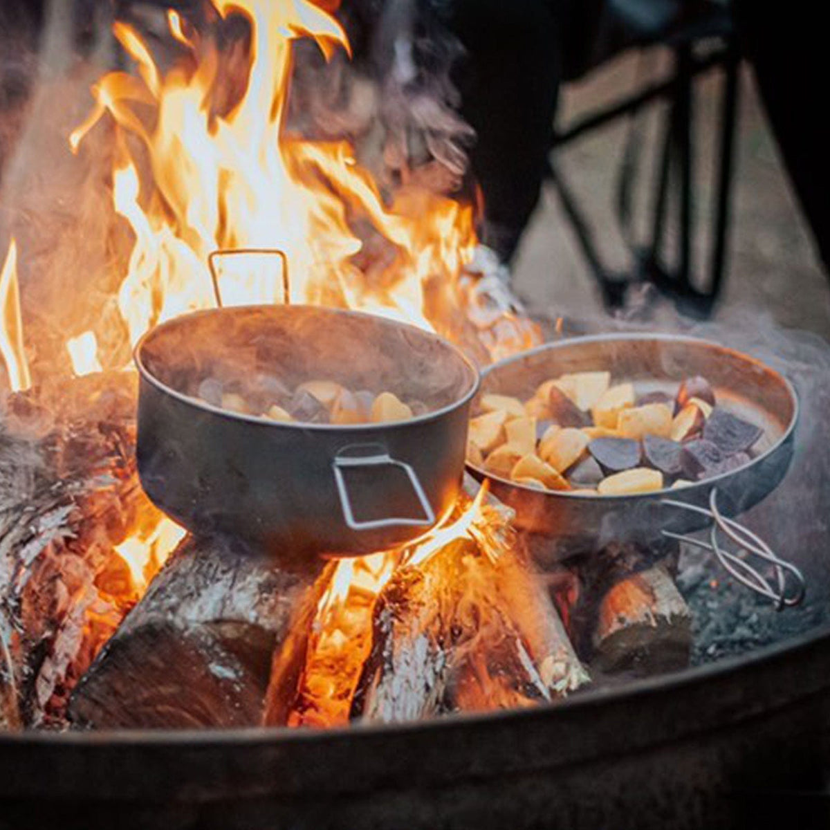 SilverAnt Ultralight Large 2-Piece Titanium Pot & Pan Camping Cookware Set - In-Use (Campfire cooking)