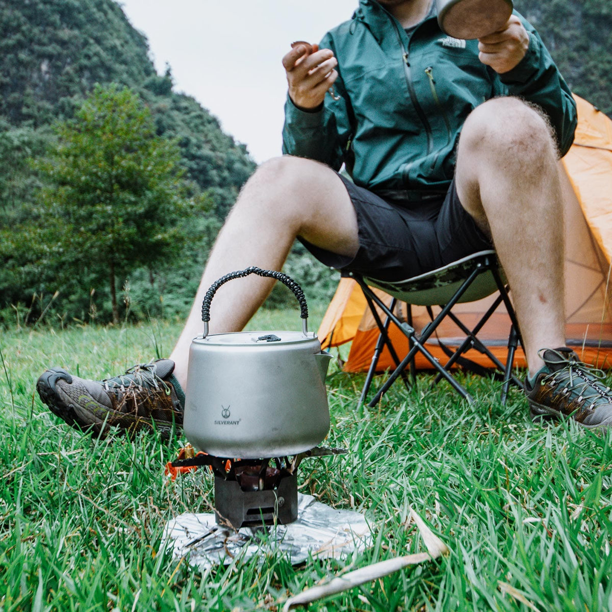SilverAnt Ultralight Large Titanium Kettle 1400ml/49 fl oz - In-Use (camping, camping chair, camping stove, tent, grass)