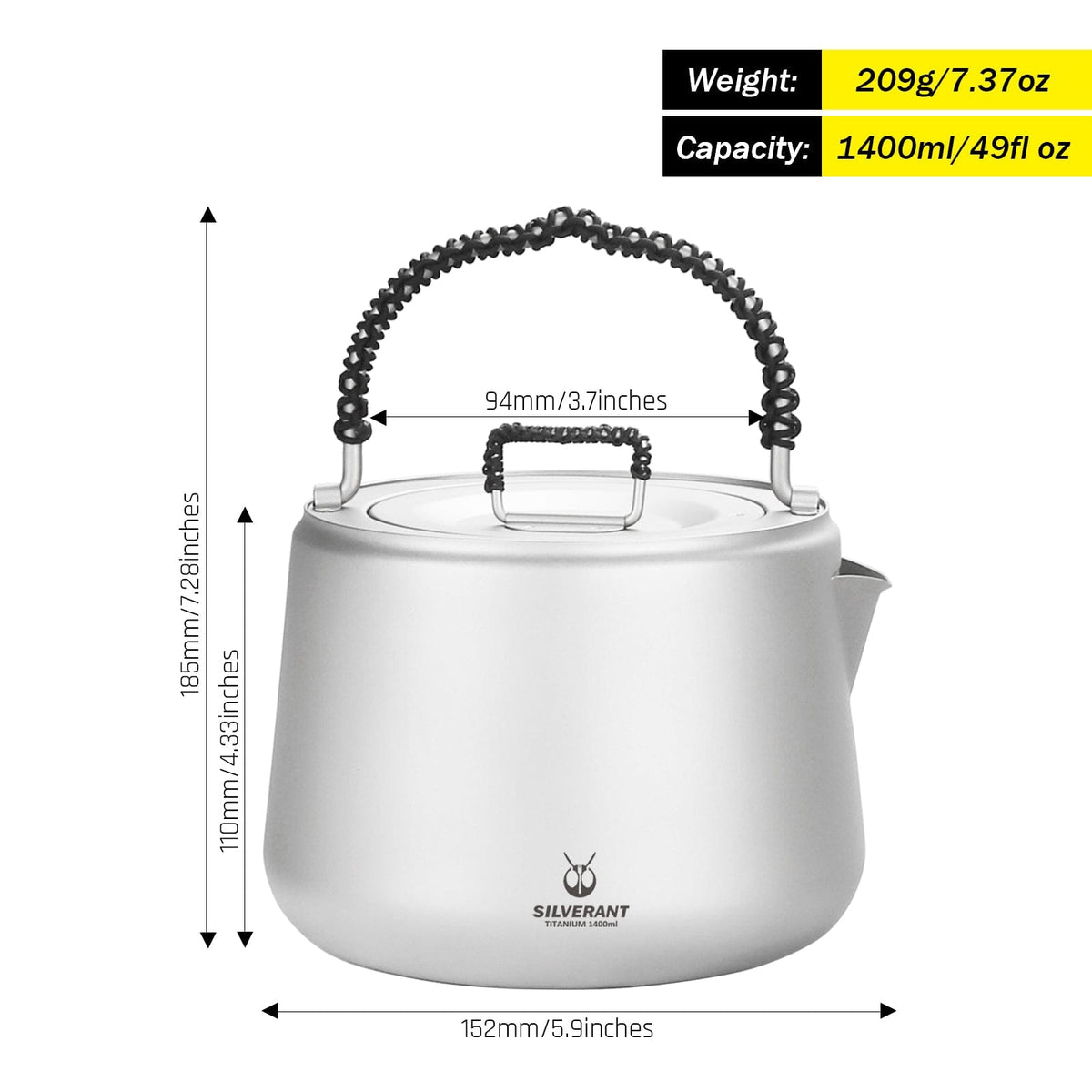 SilverAnt Ultralight Large Titanium Kettle 1400ml/49 fl oz - with dimensions