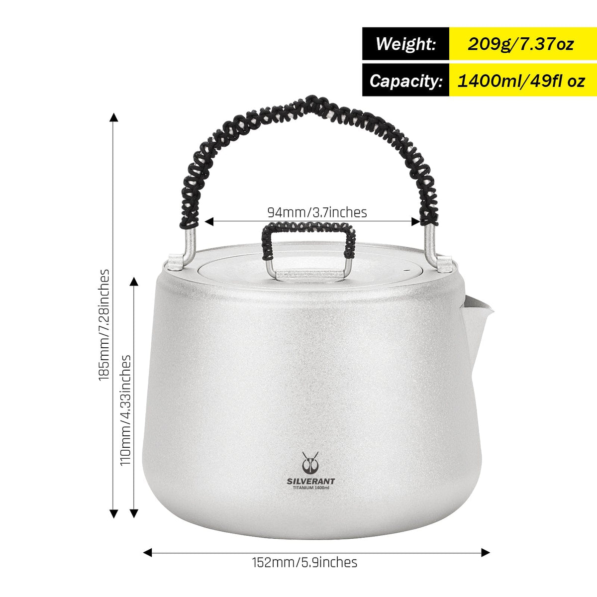 SilverAnt Ultralight Large Titanium Kettle 1400ml/49 fl oz (Crystallized finish) with weight, dimensions, and capacity
