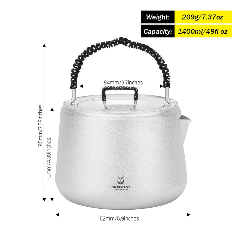 
                  
                    SilverAnt Ultralight Large Titanium Kettle 1400ml/49 fl oz (Crystallized finish) with weight, dimensions, and capacity
                  
                