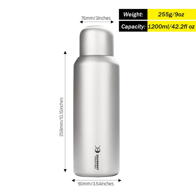 SilverAnt Ultralight Large Titanium Water Bottle With Titanium Cup - 1200ml/42.2 fl oz with weight, dimensions, and capacity