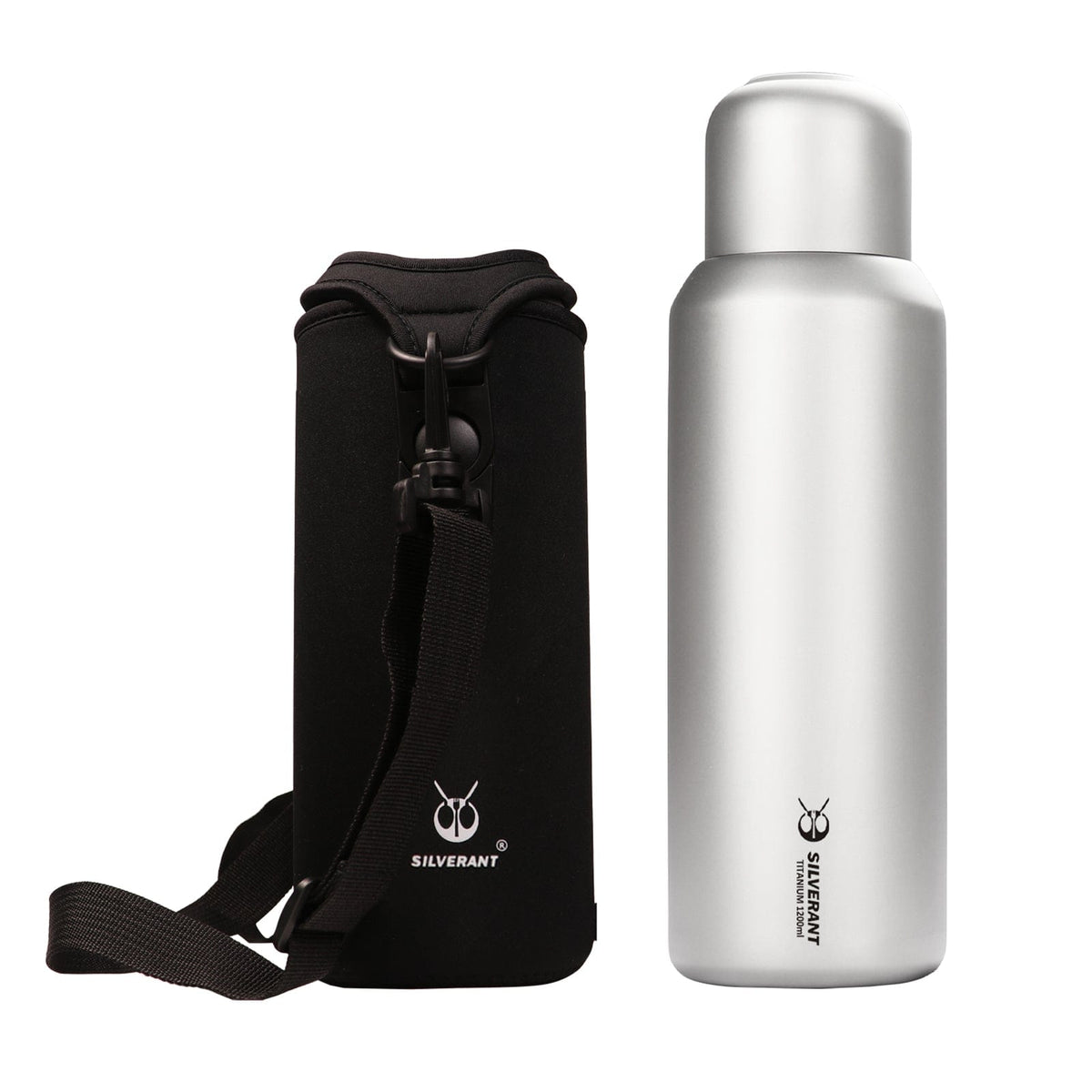 SilverAnt Ultralight Large Titanium Water Bottle With Titanium Cup - Large 1200ml/42.2 fl oz (with black thermal carry sleeve, silverant branding)