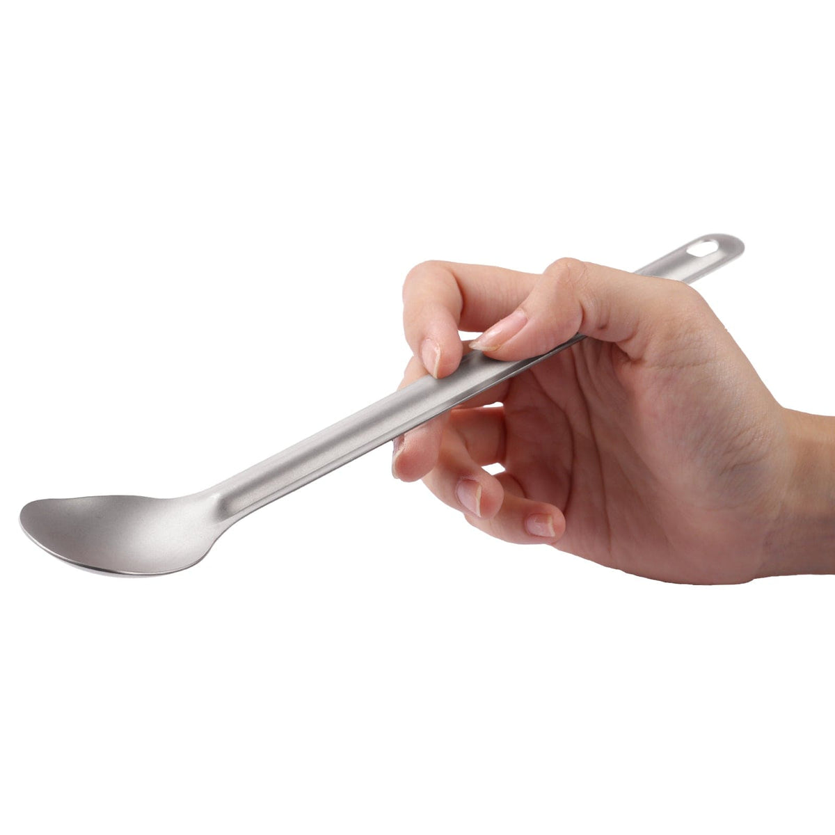 SilverAnt Ultralight Long Handle Titanium Spoon Sandblasted - on-hand on white background