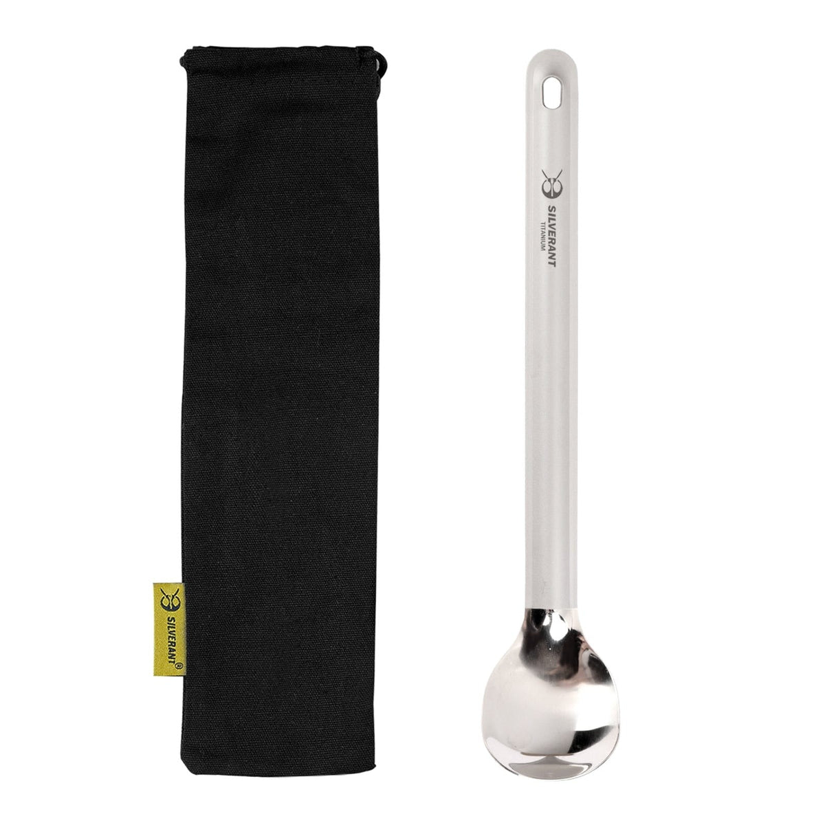 SilverAnt Ultralight Long Handle Titanium Spoon Polished - with black drawstring pouch included with purchase