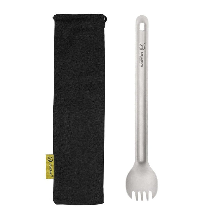 SilverAnt Ultralight Long Handle Titanium Spork - Sandblasted (with black pouch)