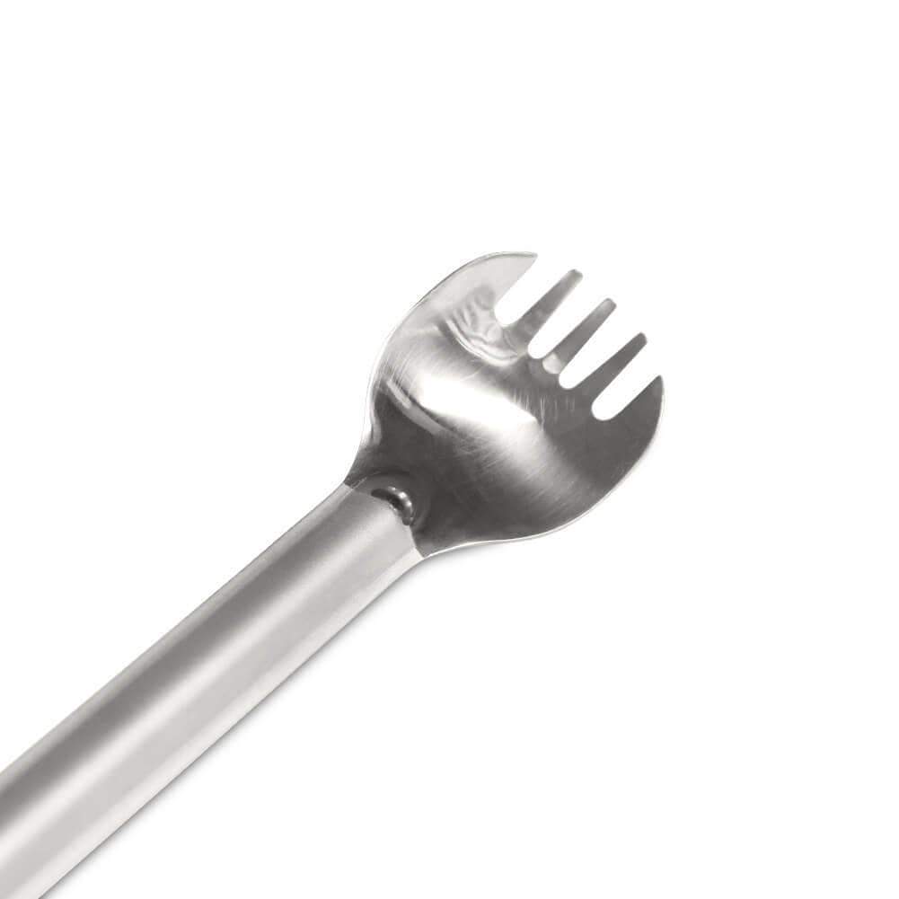 SilverAnt Ultralight Long Handle Titanium Spork Polished - close-up of spork head