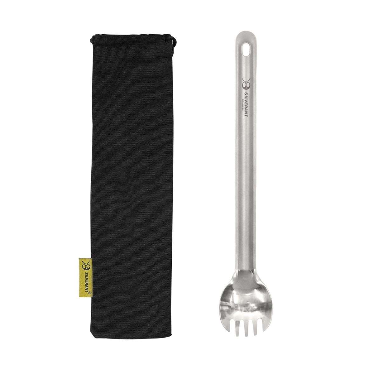 SilverAnt Ultralight Long Handle Titanium Spork Polished - with black drawstring pouch included with purchase