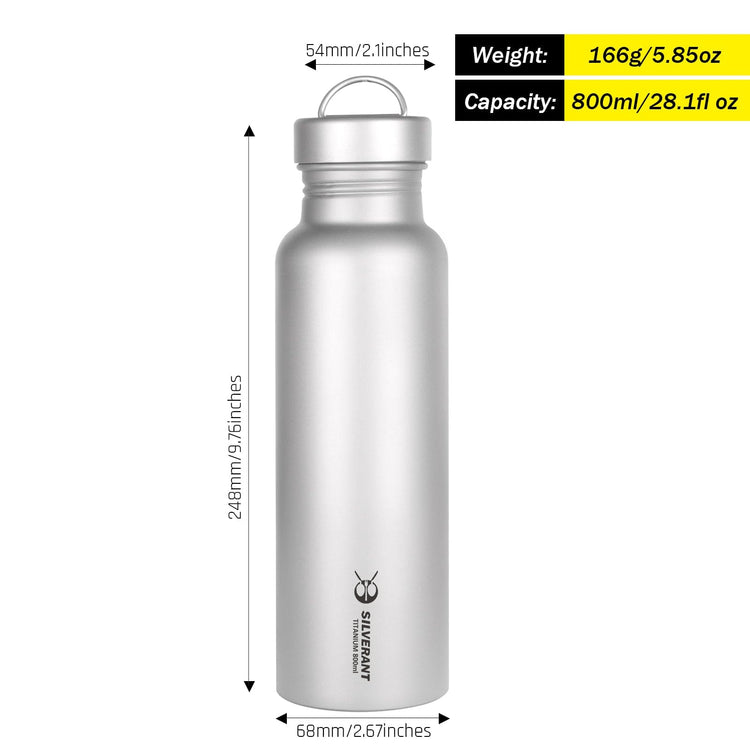 
                  
                    SilverAnt Ultralight Round Titanium Water Bottle - 800ml/28.1 fl oz with weight, dimensions, and capacity
                  
                