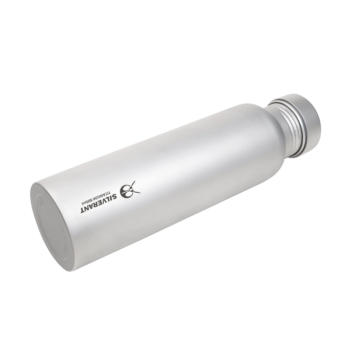 SilverAnt Ultralight Round Titanium Water Bottle - 800 ml angled view, showing bottom slightly