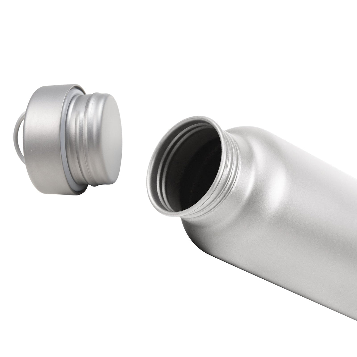 SilverAnt Ultralight Round Titanium Water Bottle - 800ml/28.1 fl oz unscrewed, close-up shot showing screw marks on bottle mouth and lid