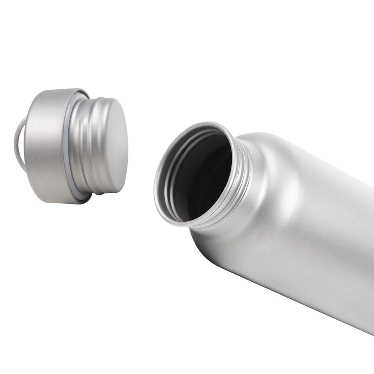 
                  
                    SilverAnt Ultralight Round Titanium Water Bottle - 800ml/28.1 fl oz unscrewed, close-up shot showing screw marks on bottle mouth and lid
                  
                