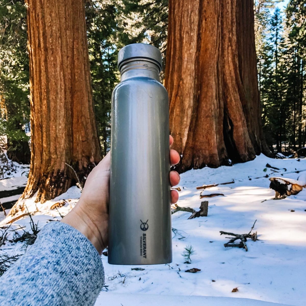 SilverAnt Ultralight Round Titanium Water Bottle - In-use (actual product photo, winter camping, 800ml bottle, on-hand)