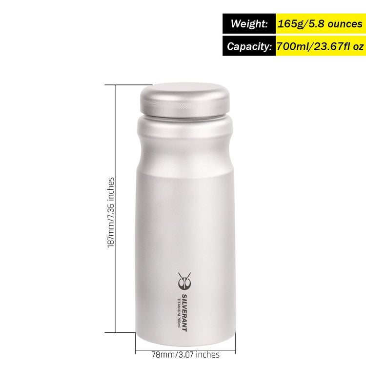 SilverAnt Ultralight Sports Edition Titanium Water Bottle 700ml/23.67fl oz - with weight, dimensions, and capacity