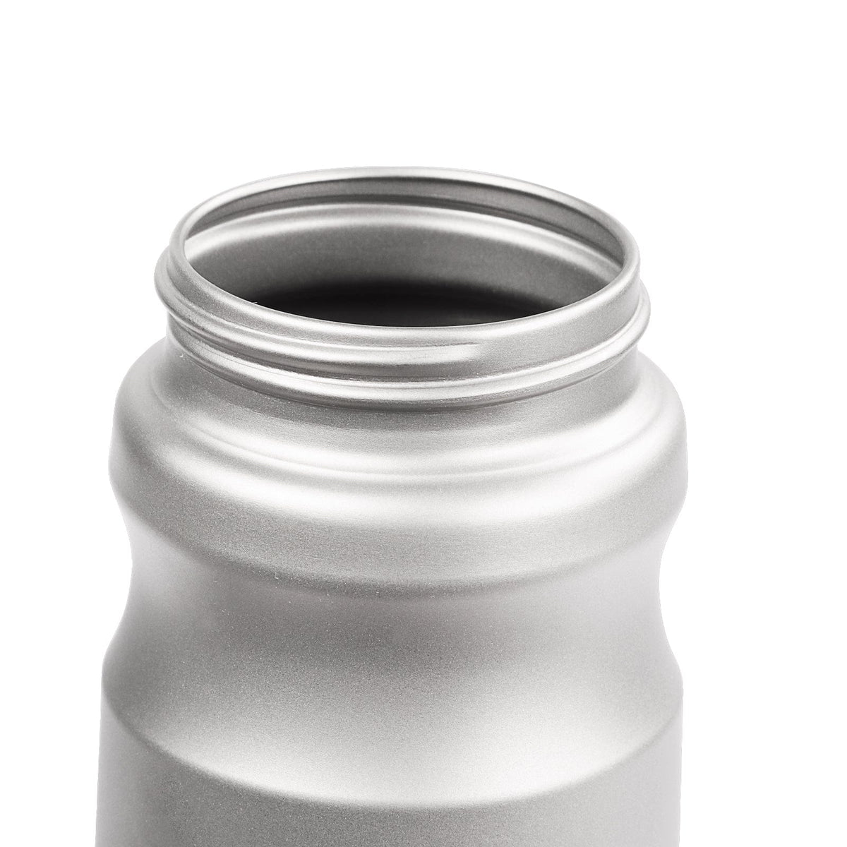 SilverAnt Ultralight Sports Edition Titanium Water Bottle - close-up of mouth showing screw marks and rim, sandblasted finish