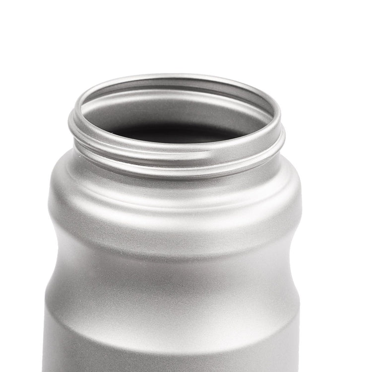 
                  
                    SilverAnt Ultralight Sports Edition Titanium Water Bottle - close-up of mouth showing screw marks and rim, sandblasted finish
                  
                