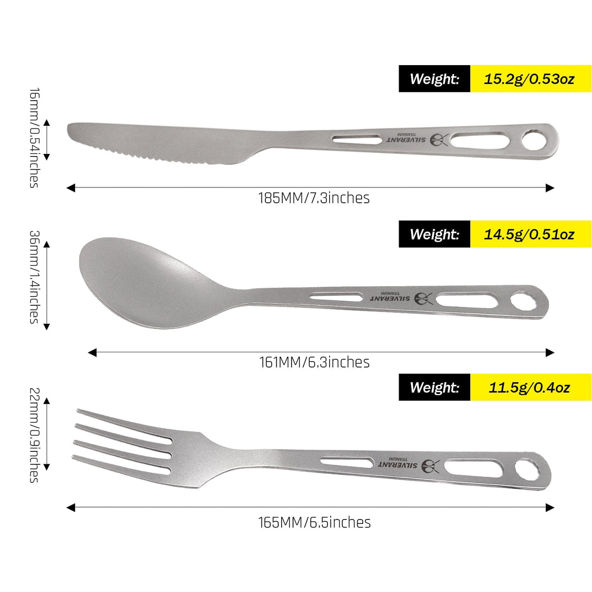 SilverAnt Ultralight Titanium 3-Piece Cutlery Set (Knife, Fork and Spoon) - Sandblasted (weight, dimensions, and capacity)