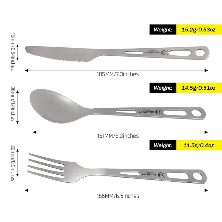 
                  
                    SilverAnt Ultralight Titanium 3-Piece Cutlery Set (Knife, Fork and Spoon) - Sandblasted (weight, dimensions, and capacity)
                  
                