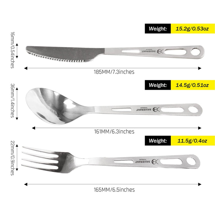 
                  
                    SilverAnt Ultralight Titanium 3-Piece Cutlery Set (Knife, Fork and Spoon) Polished - weight and dimensions
                  
                