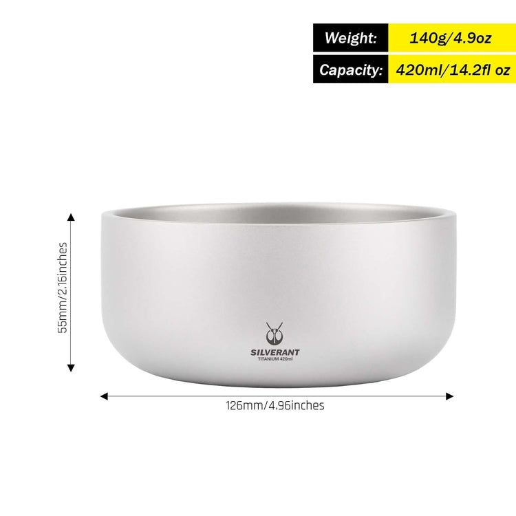 SilverAnt Ultralight Titanium Backcountry Double Wall Bowl - 420ml/14.2fl oz with weight, dimensions, and capacity
