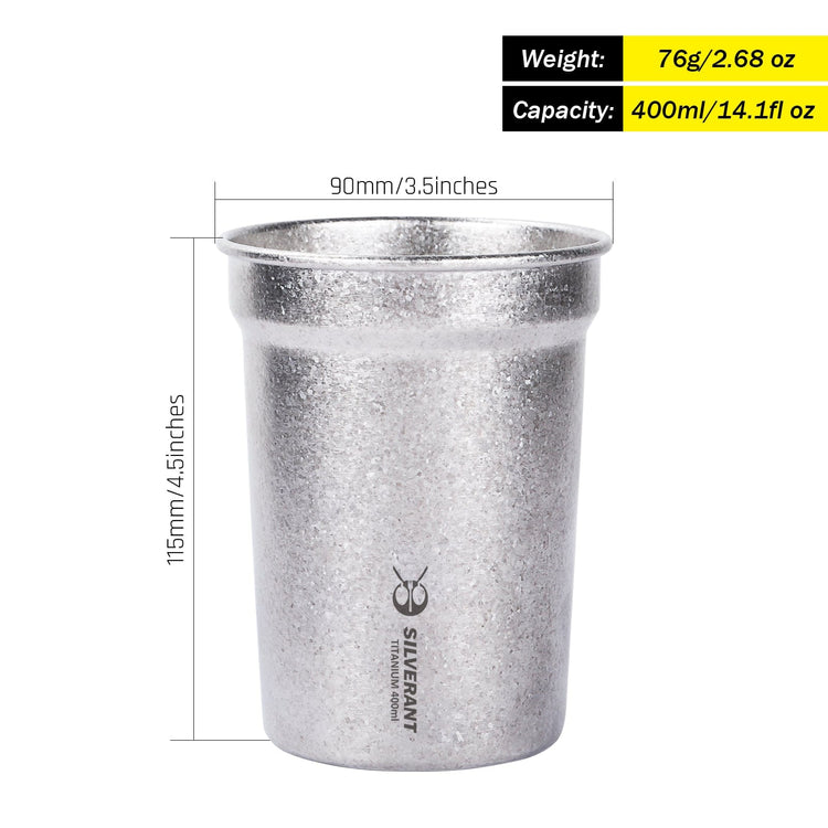 SilverAnt Ultralight Titanium Beer Cup 400ml/14fl oz - with weight, dimensions, and capacity