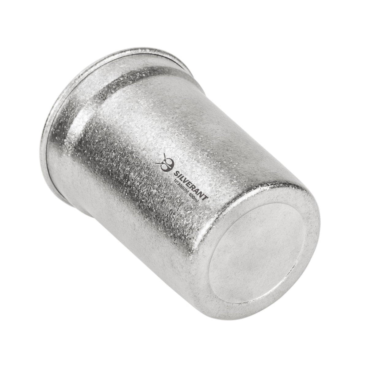 SilverAnt Ultralight Titanium Beer Cup 400ml/14fl oz - Laid down its side, showing close-up look of Crystallized finish on front side and bottom