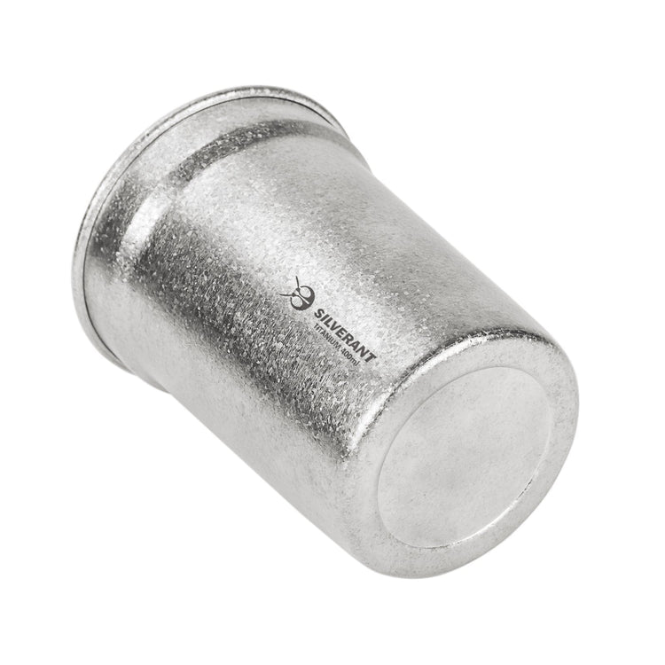 
                  
                    SilverAnt Ultralight Titanium Beer Cup 400ml/14fl oz - Laid down its side, showing close-up look of Crystallized finish on front side and bottom
                  
                