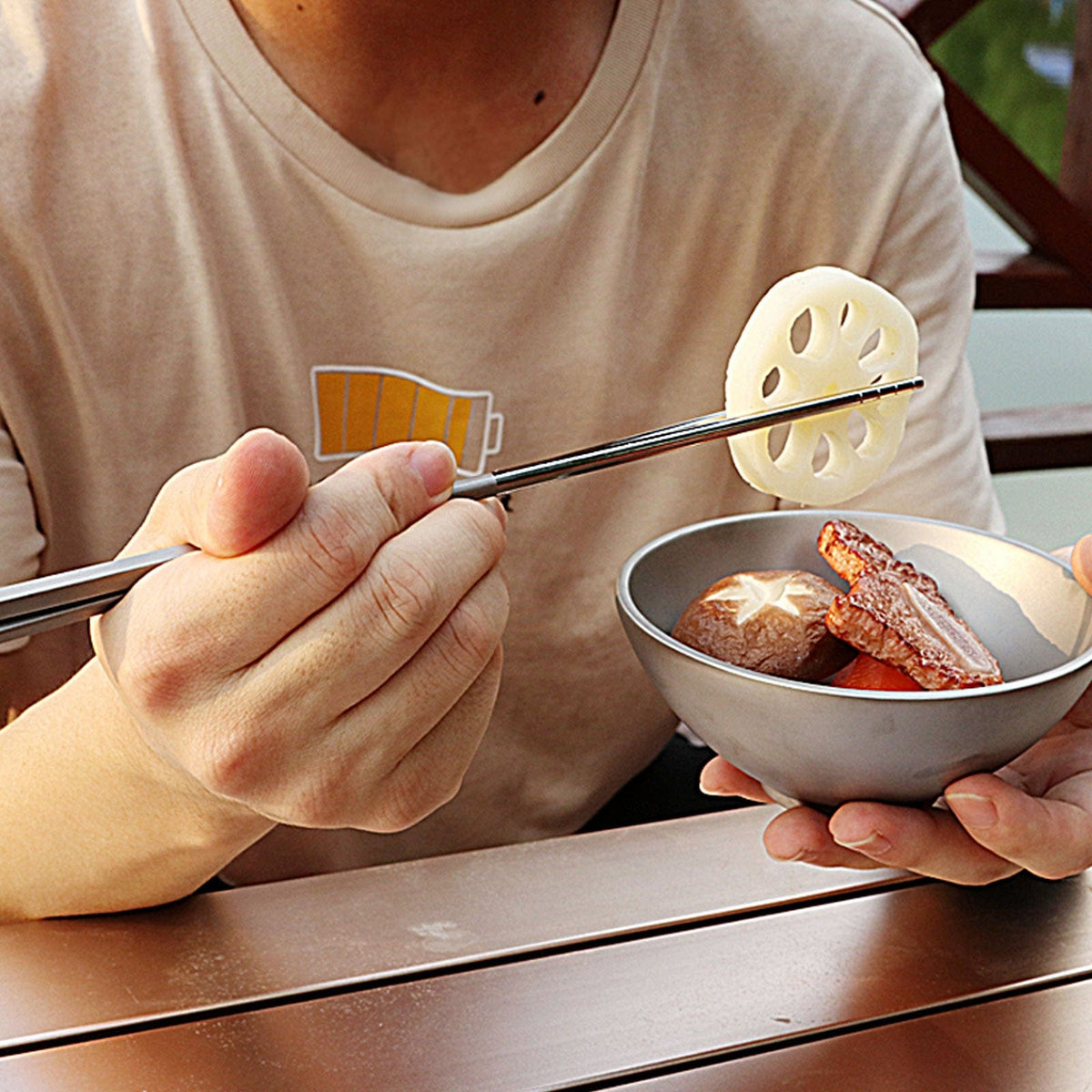SilverAnt Ultralight Titanium Chopsticks - actual product photo, real life use, in use