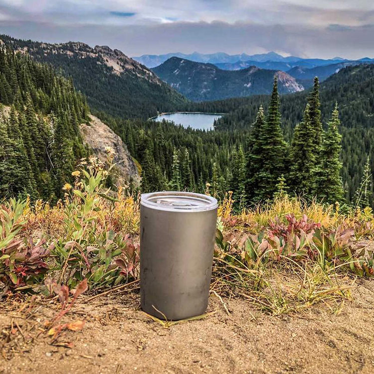 
                  
                    SilverAnt Ultralight Titanium Double-Wall Coffee Cup 400ml/14 fl oz Sandblasted - lifestyle shot, actual product photo, with mountains and lake in the background
                  
                
