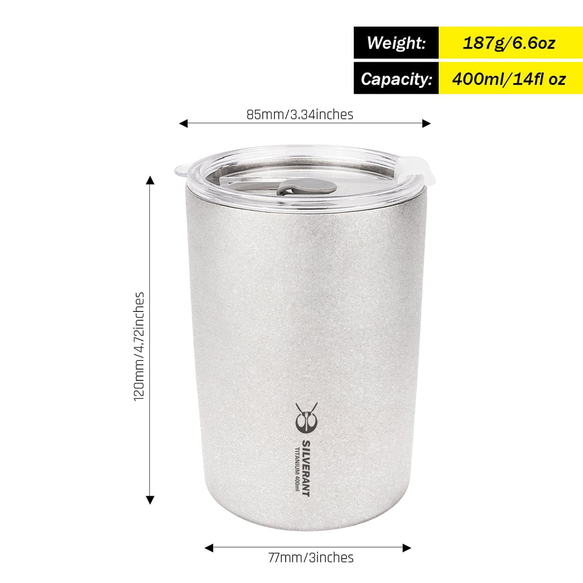 SilverAnt Ultralight Titanium Double-Wall Coffee Cup 400ml/14 fl oz Crystallized - with weight, dimensions, and capacity