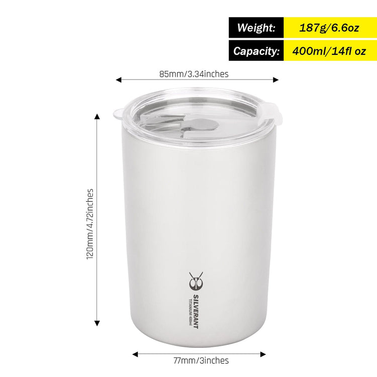 
                  
                    SilverAnt Ultralight Titanium Double-Wall Coffee Cup 400ml/14 fl oz Sandblasted with weight, dimensions, and capacity
                  
                