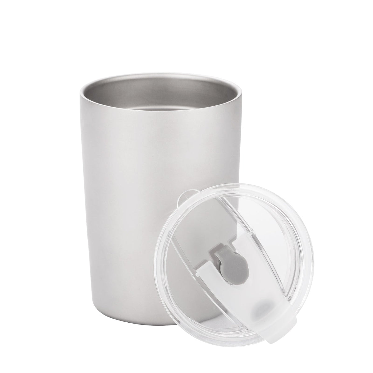 SilverAnt Ultralight Titanium Double-Wall Coffee Cup 400ml/14 fl oz Sandblasted - alternate angle with BPA-free plastic lid