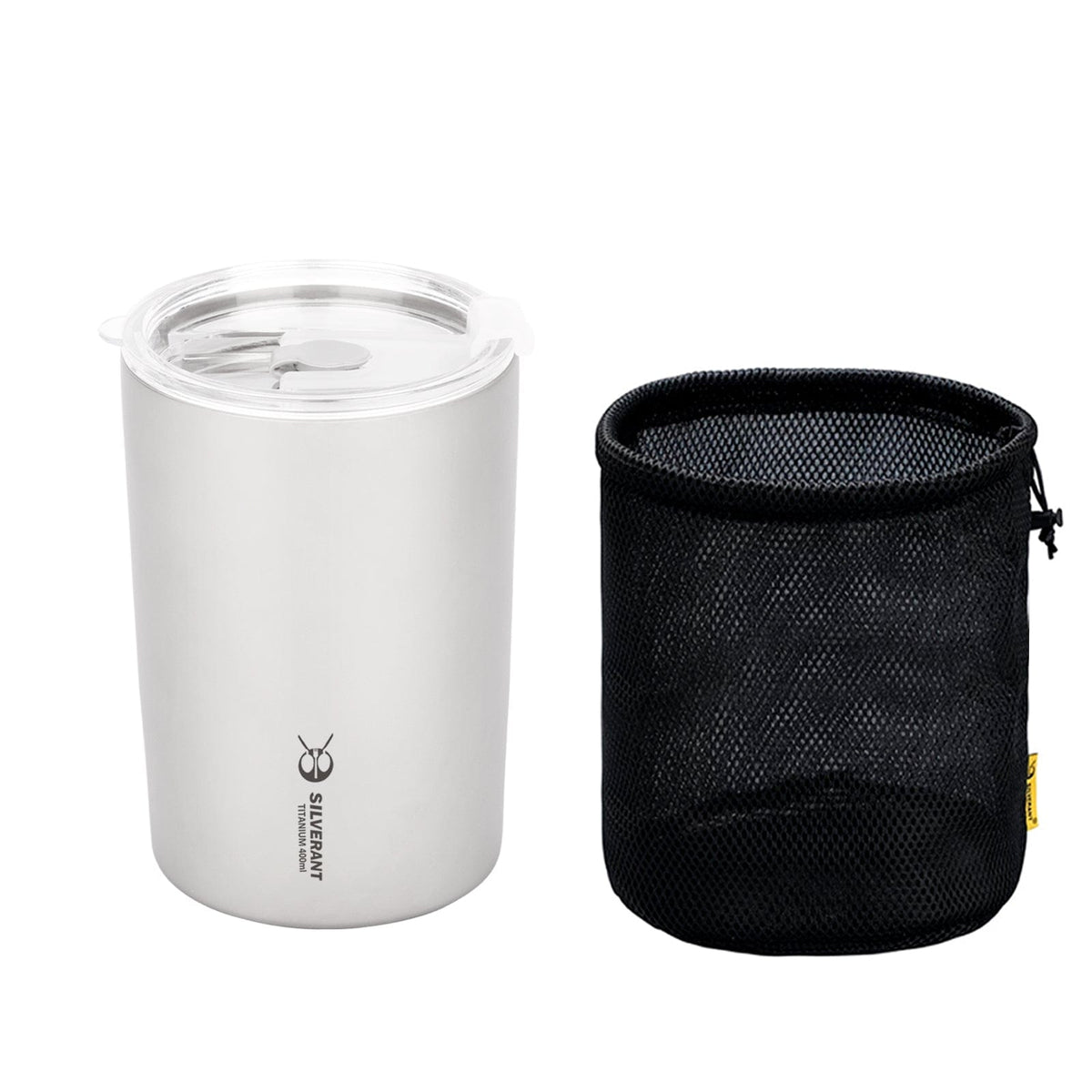 SilverAnt Ultralight Titanium Double-Wall Coffee Cup 400ml/14 fl oz Sandblasted - With black drawstring pouch included with purchase