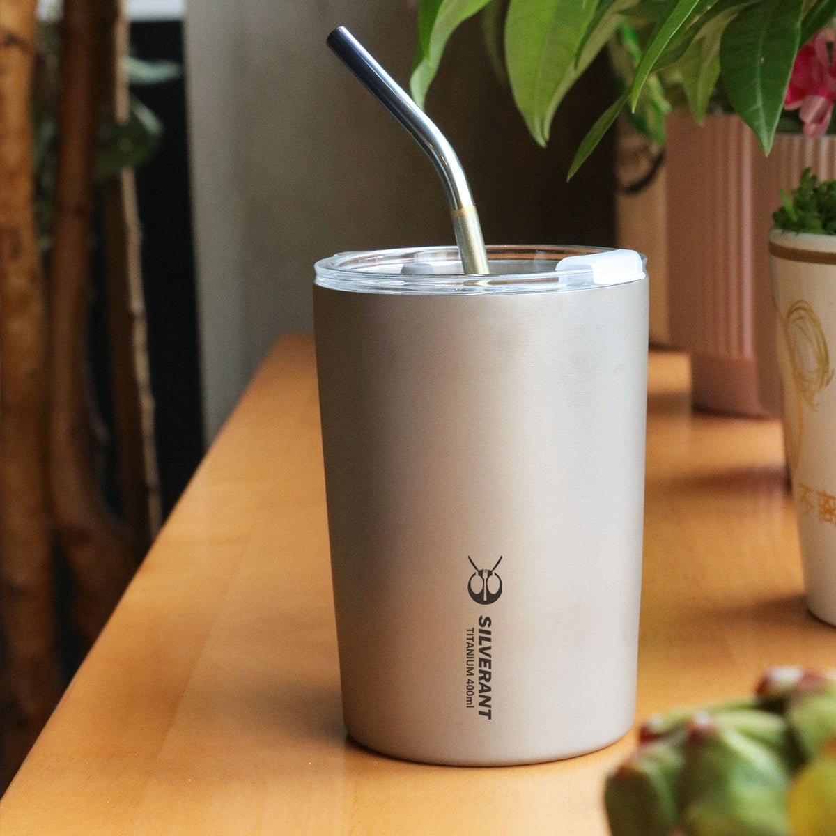 SilverAnt Ultralight Titanium Double-Wall Coffee Cup 400ml/14 fl oz Sandblasted - Actual product photo, real life setting, lifestyle shot