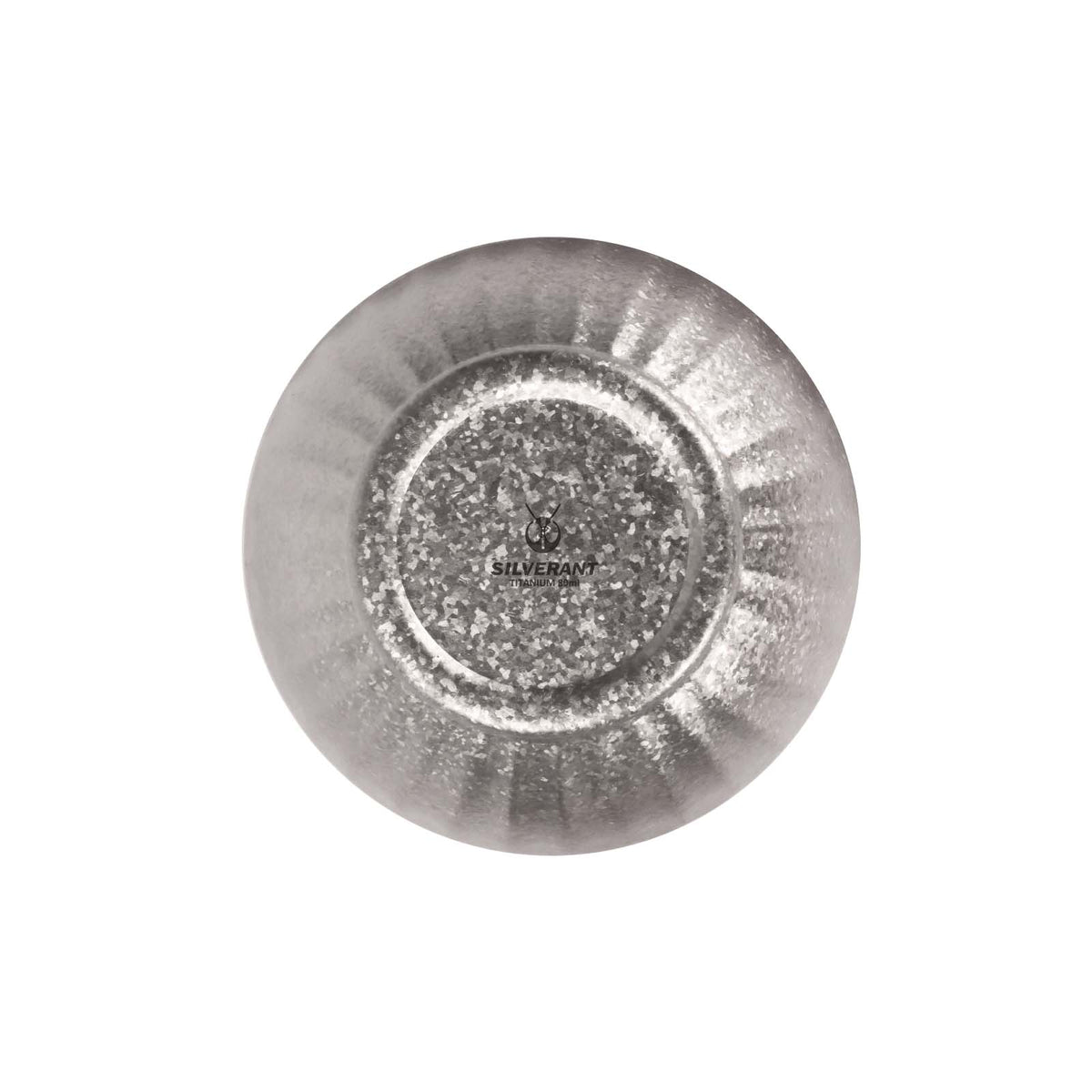 SilverAnt Ultralight Titanium Double-Wall Tea Cup 80ml/2.7fl oz (bottom angle view, upside down, silverant branding)