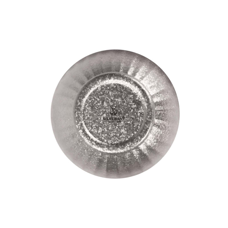 
                  
                    SilverAnt Ultralight Titanium Double-Wall Tea Cup 80ml/2.7fl oz (bottom angle view, upside down, silverant branding)
                  
                