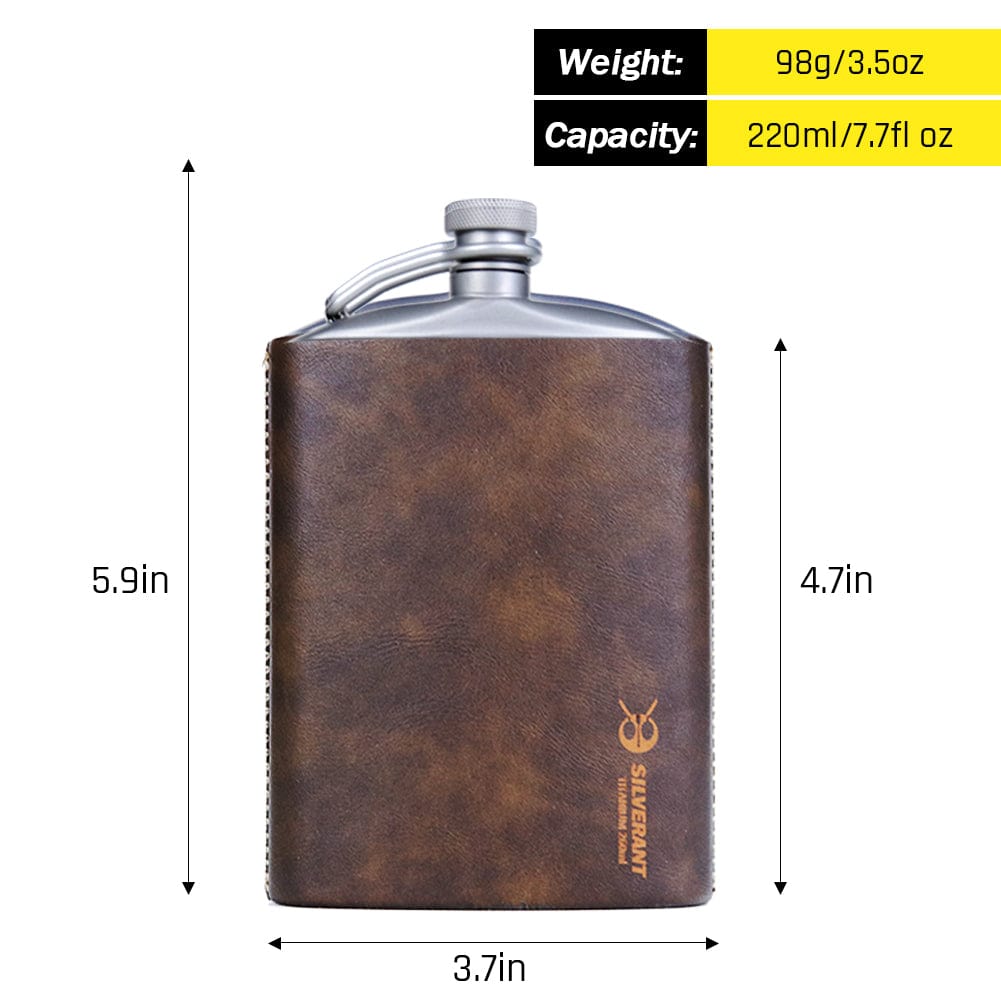 SilverAnt Ultralight Titanium Hip Flask With Funnel 220ml/7.74 fl oz PU LEather Sleeve (weight, dimensions, and capacity)