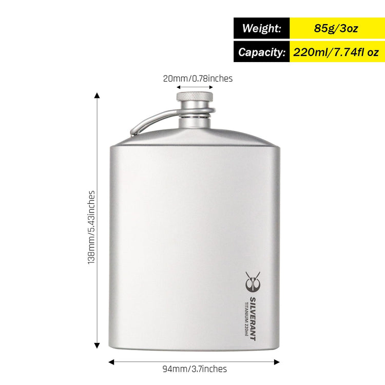 SilverAnt Ultralight Titanium Hip Flask With Funnel 220ml/7.74 fl oz - Sandblasted (weight, dimensions, and capacity)