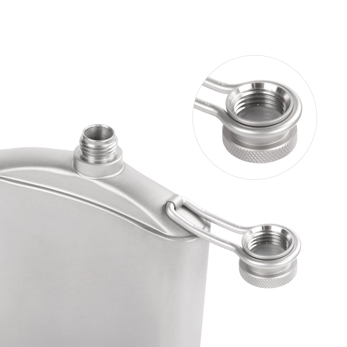 SilverAnt Ultralight Titanium Hip Flask With Funnel 220ml/7.74 fl oz - Sandblasted (close-up of hip flask lid, showing screw ridges are on the inside)