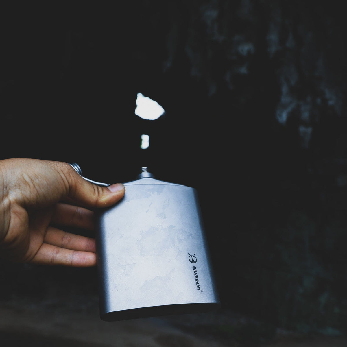 SilverAnt Ultralight Titanium Hip Flask With Funnel 220ml/7.74 fl oz Sandblasted (actual product photo, lifestyle shot)