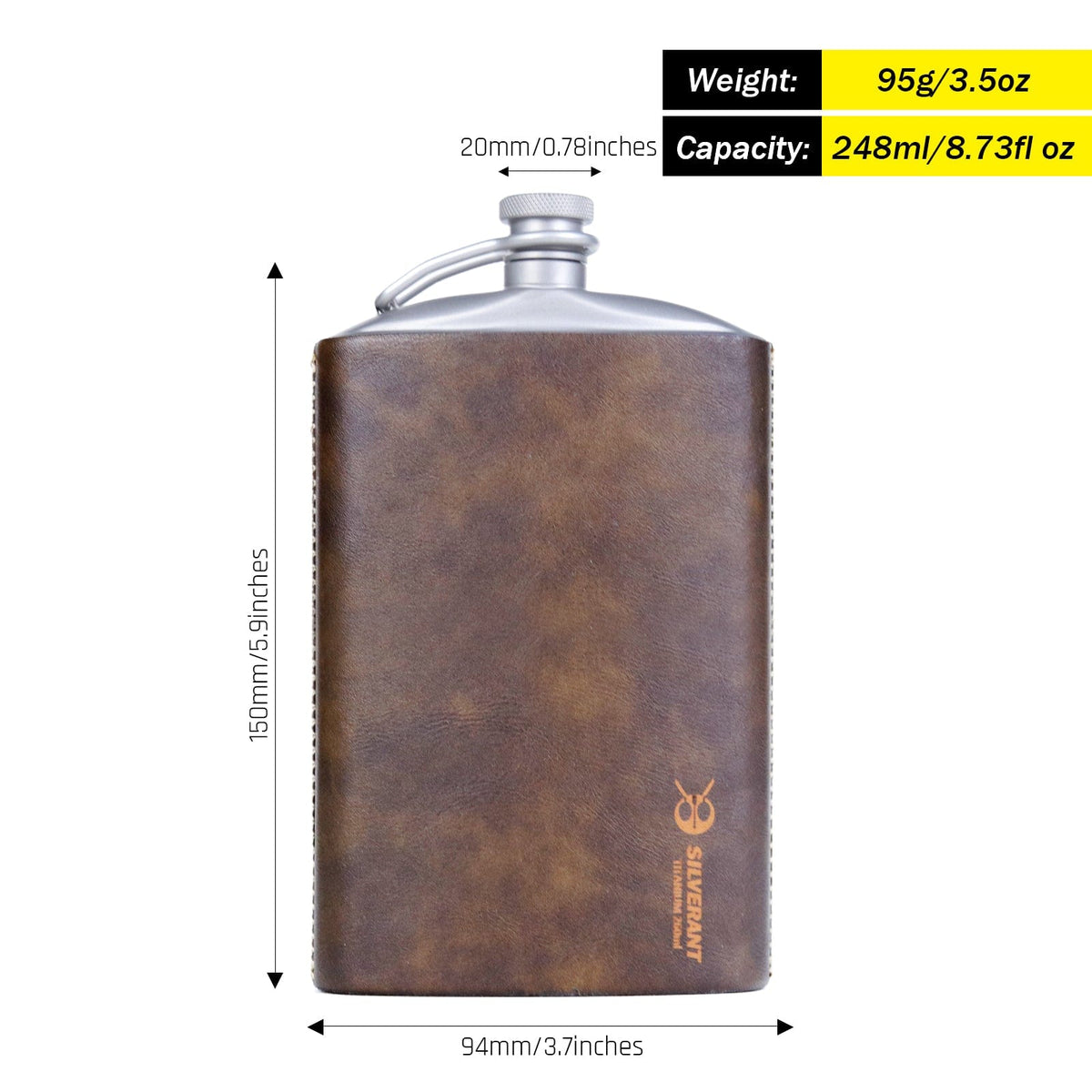 SilverAnt Ultralight Titanium Hip Flask and Funnel 248ml/8.73 fl oz with PU Leather Sleeve (weight, dimensions, and capacity)