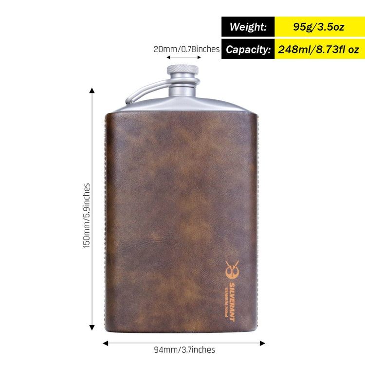 
                  
                    SilverAnt Ultralight Titanium Hip Flask and Funnel 248ml/8.73 fl oz with PU Leather Sleeve (weight, dimensions, and capacity)
                  
                