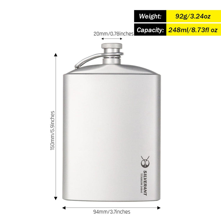 SilverAnt Ultralight Titanium Hip Flask and Funnel 248ml/8.73 fl oz Sandblasted (weight, dimensions, and capacity)