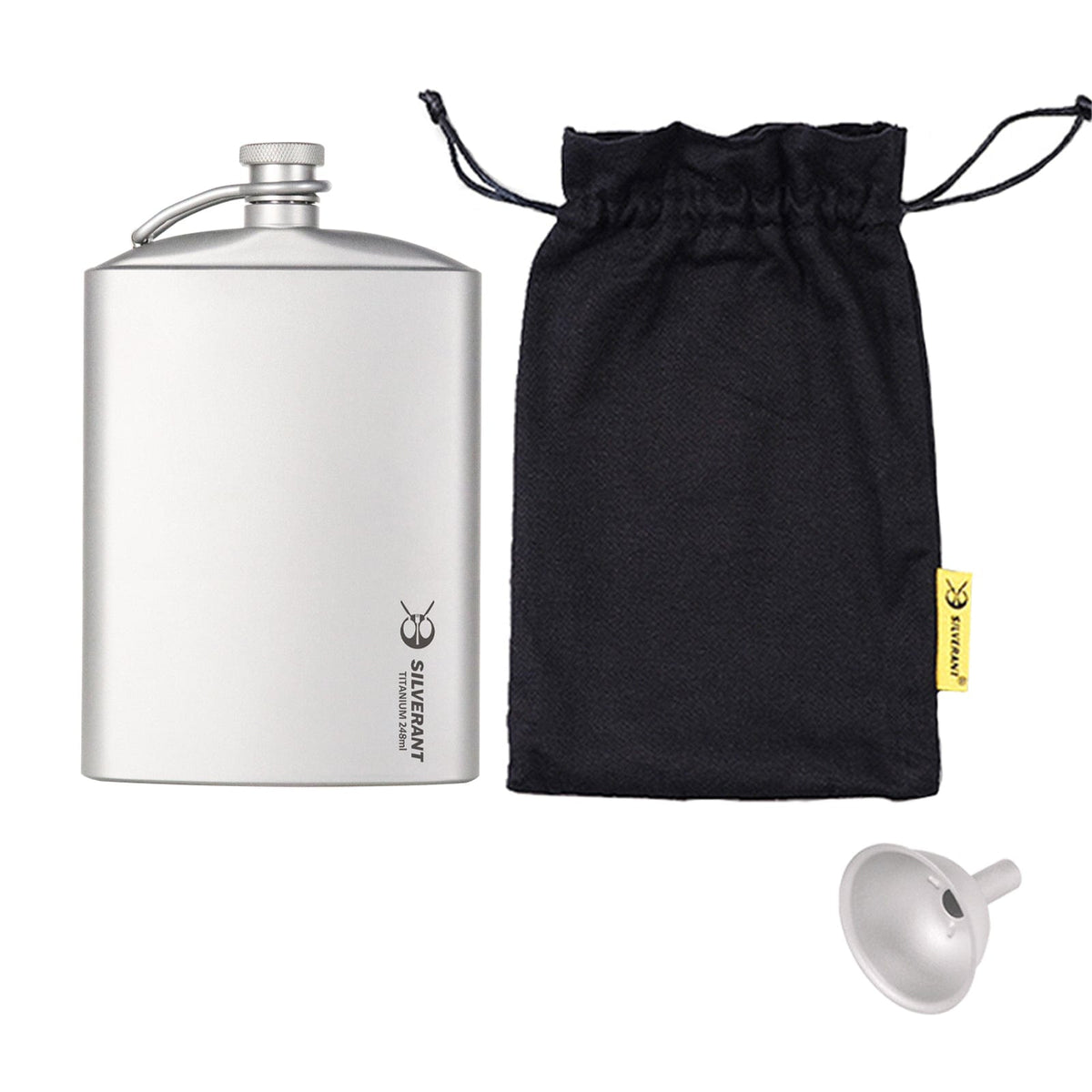 SilverAnt Ultralight Titanium Hip Flask and Funnel 248ml/8.73 fl oz Sandblasted (with drawstring mesh bag & funnel)