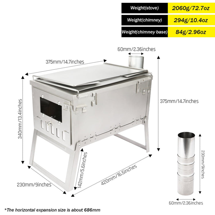 SilverAnt Ultralight Titanium Large Foldable Wood Burning Stove - weight and dimensions